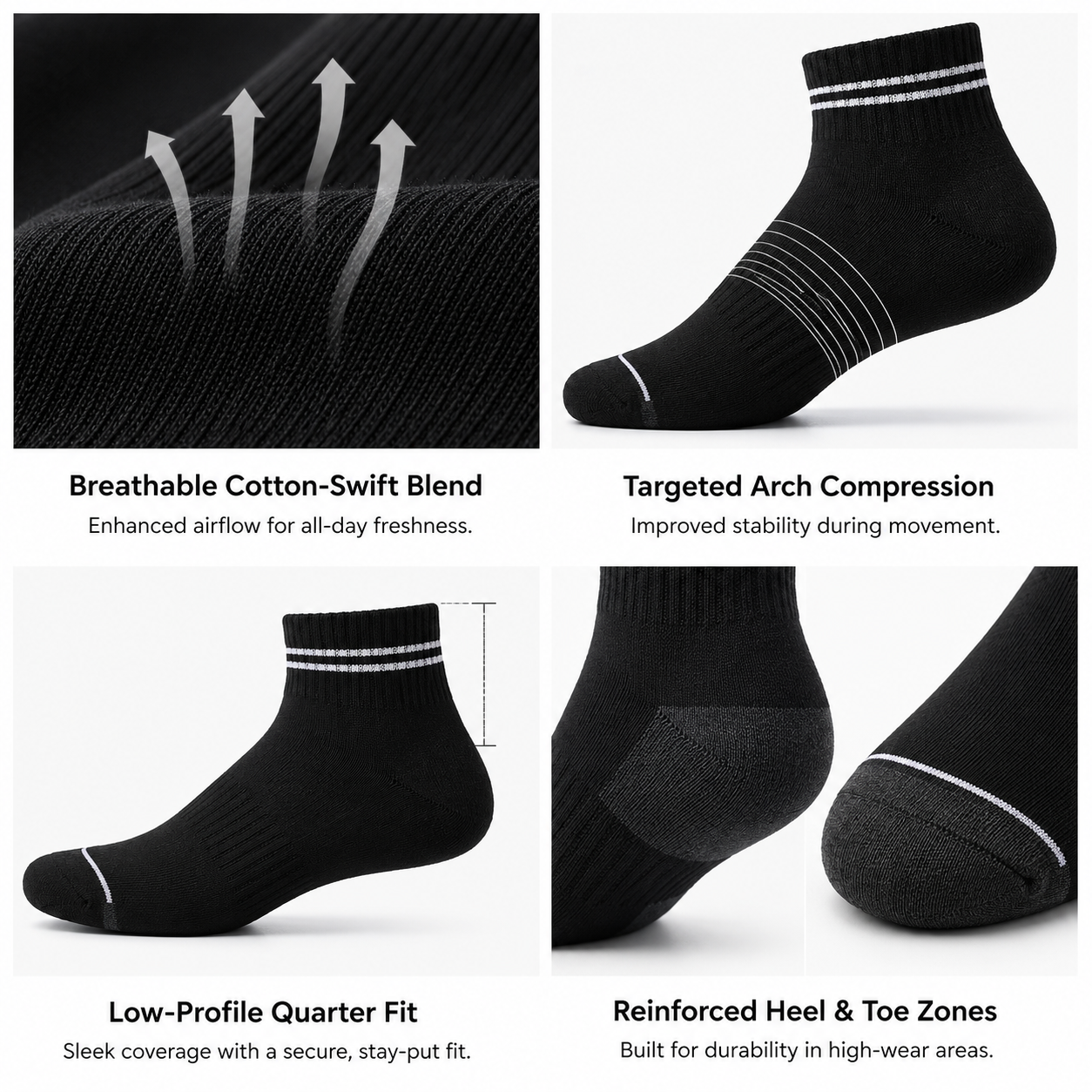 Unisex Daily Essential Quarter Socks (3 Pack)